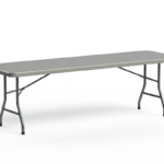 96-inch commercial folding banquet table with a gray polyethylene tabletop and steel tubular legs.