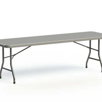 96-inch commercial folding banquet table with a gray polyethylene tabletop and steel tubular legs.