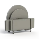 Folded banquet tables nested together for compact storage.