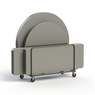 Folded banquet tables nested together for compact storage.