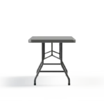 End view of a 96-inch commercial folding banquet table with a gray polyethylene tabletop and steel tubular legs.