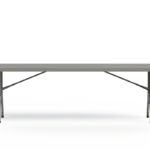 Front view of a 96-inch commercial folding banquet table with a gray polyethylene tabletop and steel tubular legs.