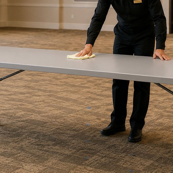 Hotel employee cleaning a folding banquet table in an empty hospitality meeting room.