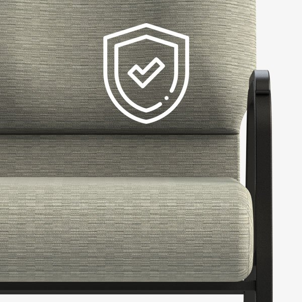 Chair with warranty protection icon indicating long-term durability and coverage