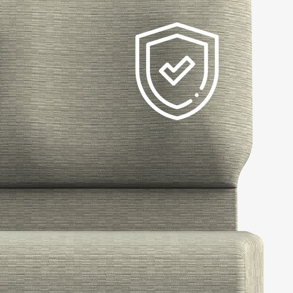 Chair with warranty protection icon indicating long-term durability and coverage