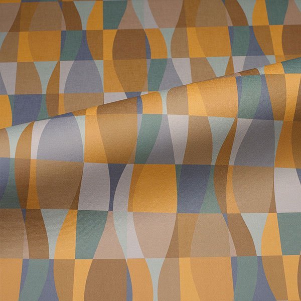 Commercial upholstery fabric with geometric pattern in orange, brown, and neutral tones