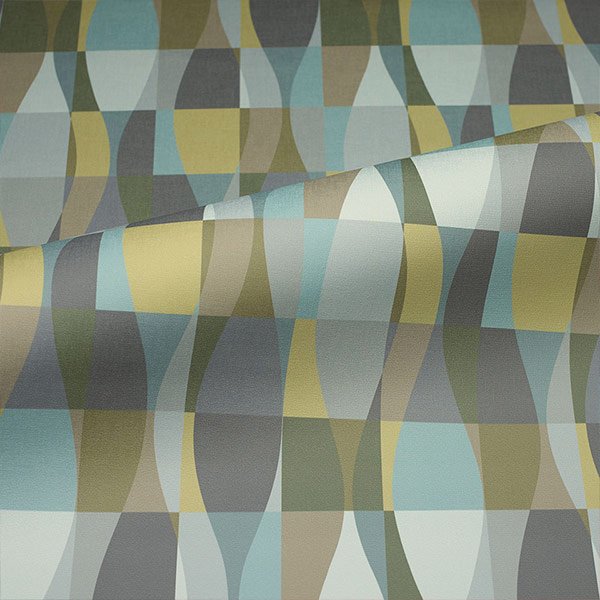 Commercial upholstery fabric with geometric pattern in blue, green, and neutral tones