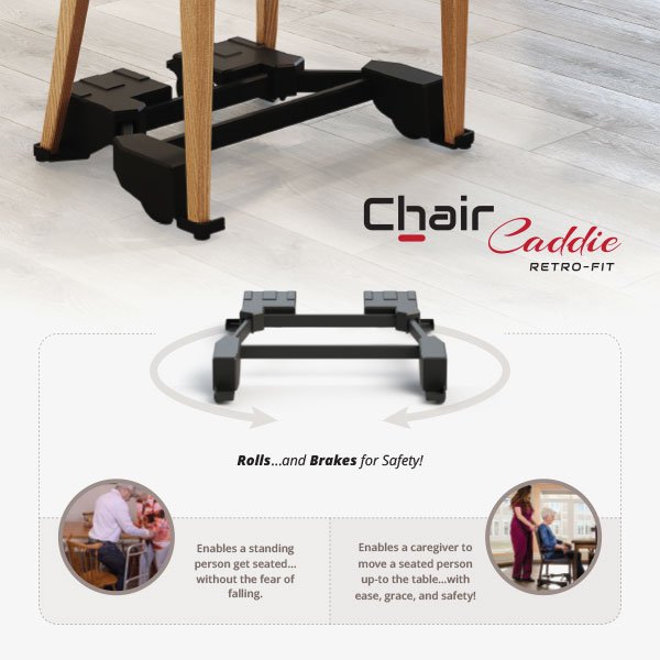 Chair Caddie product specification sheet showing dimensions, technical information, and installation details.